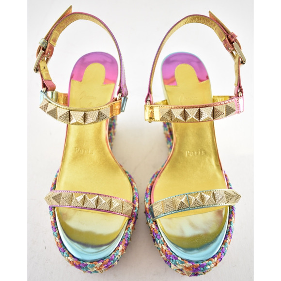Christian Louboutin Pyraclou 110 Boreal Gold Multi Platform Wedge Sandal Heel 36 - Picture 6 of 15